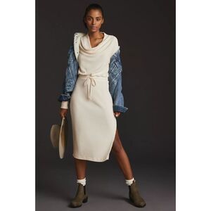 ANTHROPOLOGIE Daily Practice Cream Ribbed Cowl Neck Sweater Midi Dress Small